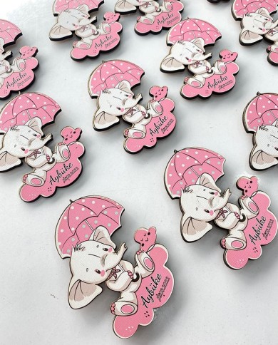 Şemsiyeli Fil Ahşap Magnet – Pembe